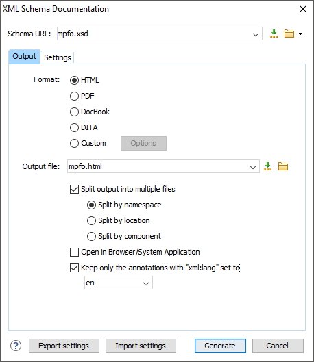 Generating MPFO-XML schema documentation in `Oxygen XML Editor <https://www.oxygenxml.com/>`_.